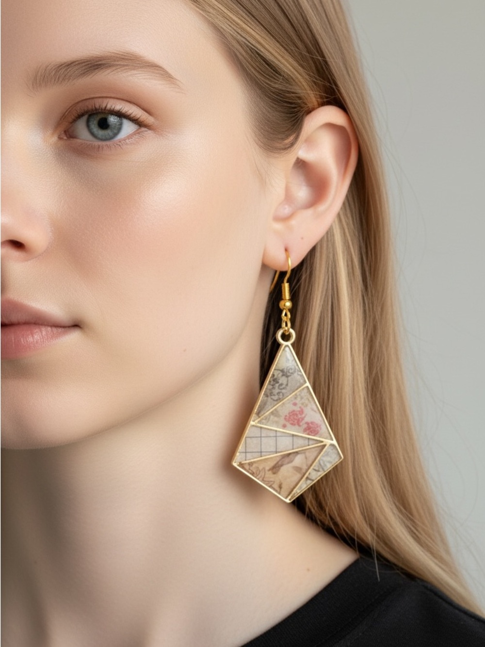 10/3 Gold-Tone Geometric Floral Drop Earrings - Elegant Beige & Pink